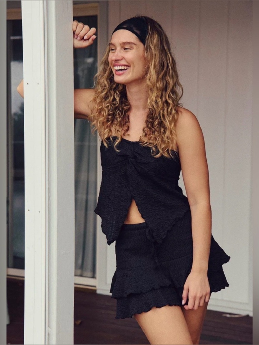 Free People Black Ruffle 2-piece Top & Skirt Relaxed Fit Elastic Waist